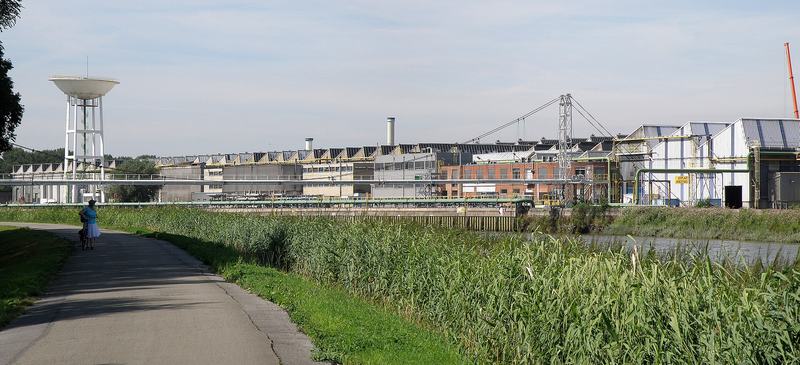 De watertoren en loodsen van de Sidal-site in Duffel achter een rietveld